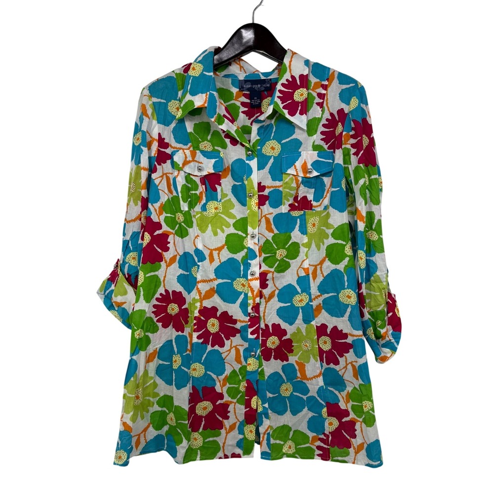 Susan Graver Style Women 2X Floral Cotton Button Up Tunic Roll Tab Maximalist